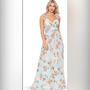 Floral Gown with Ruffle Shoulders and Lace Up Back Detail